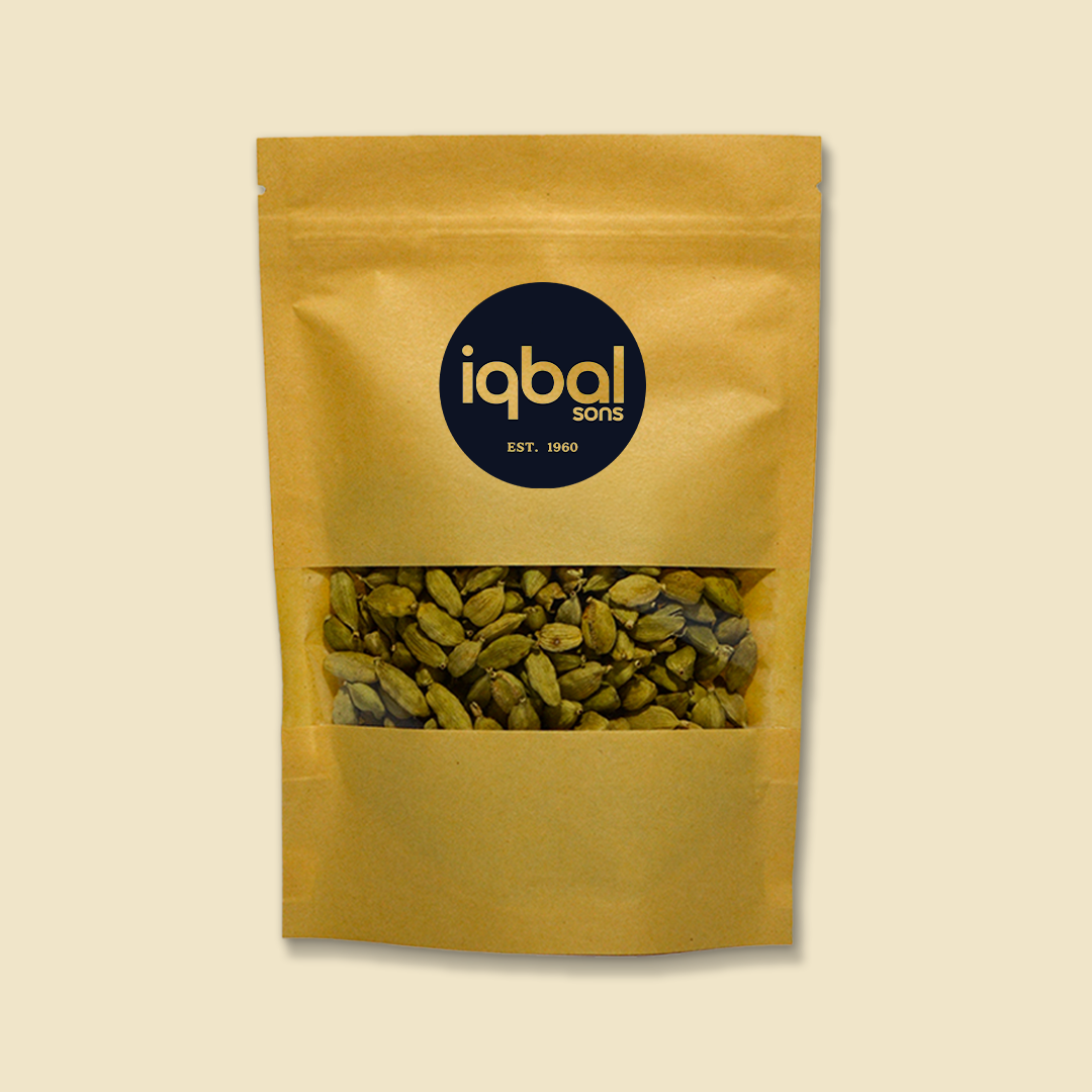 Yellow packaging of Iqbal Sons with visible contents on a beige background