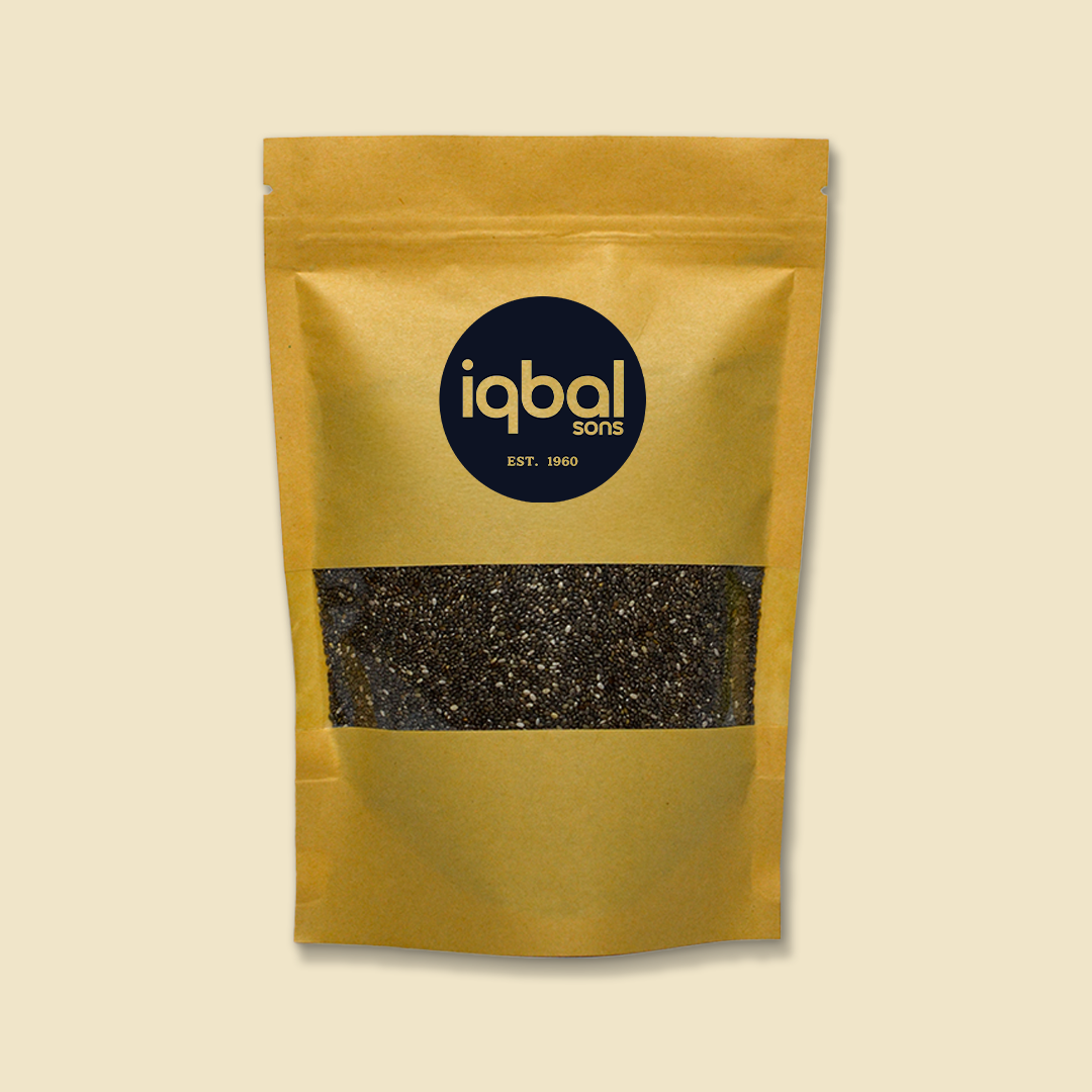 Yellow package containing Chia Seeds with 'iqbal sons' branding on a beige background