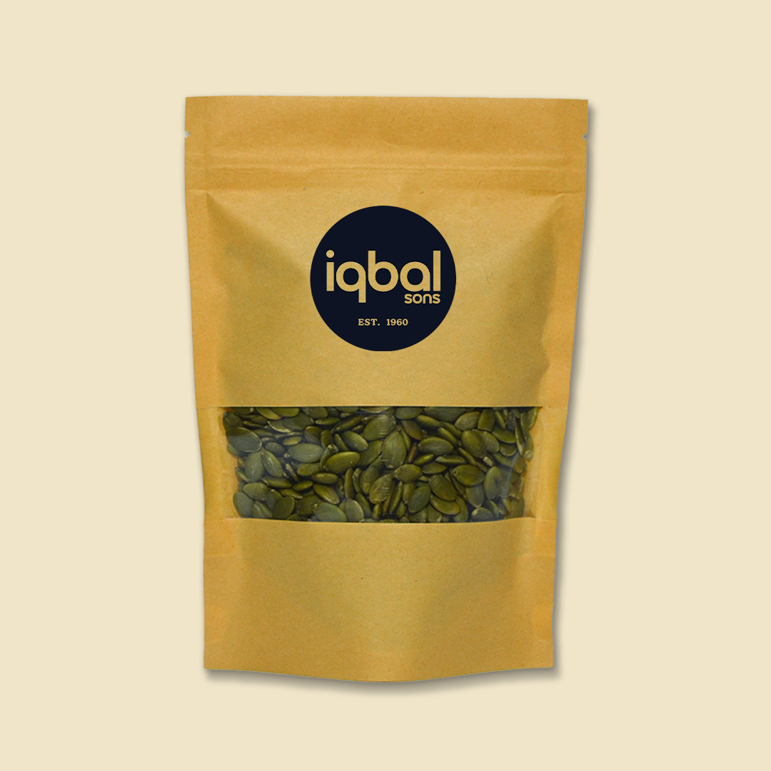 Packaged seeds with 'iqbal' branding on a beige background