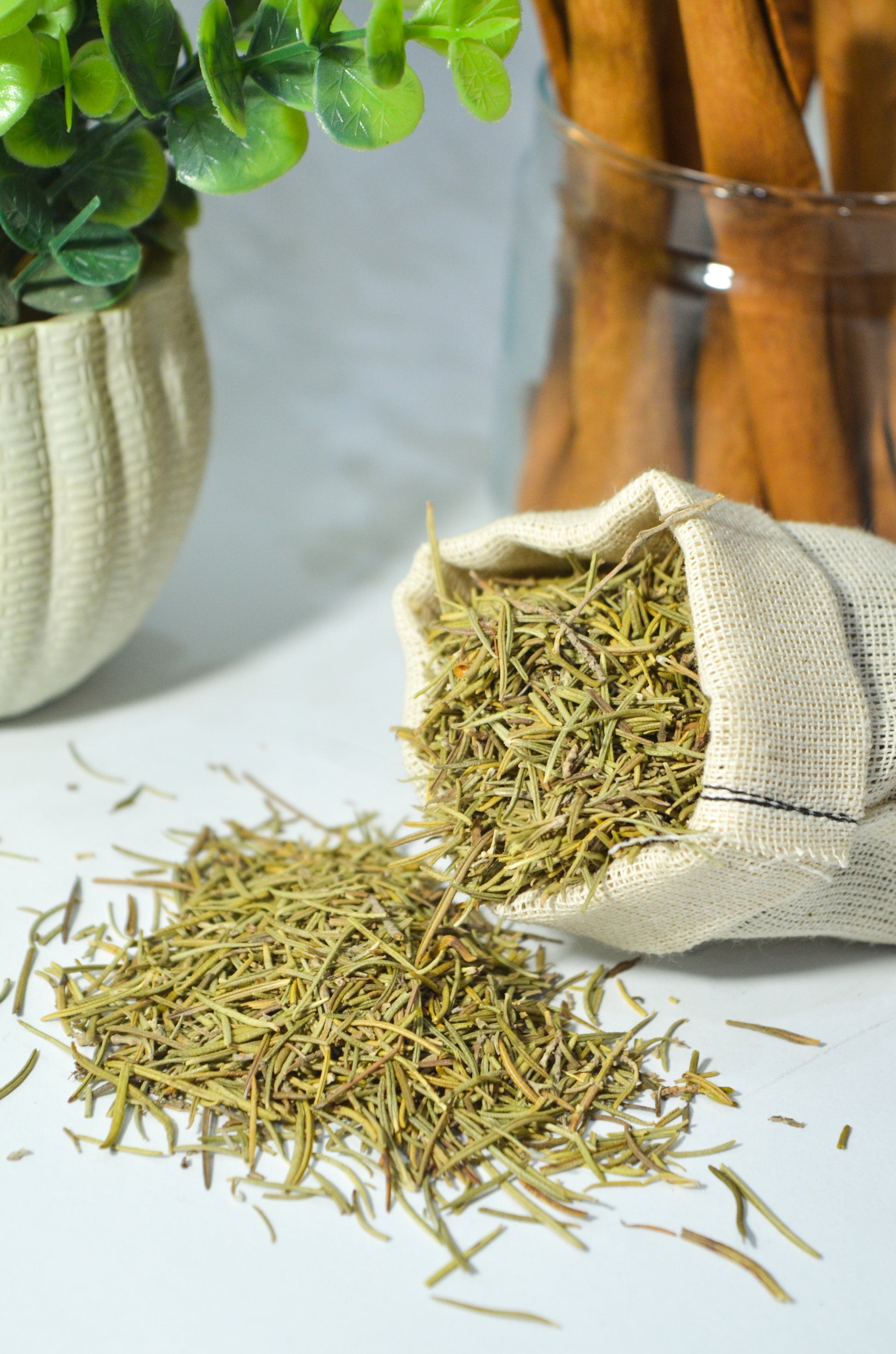 Dried Rosemary Leaves spilling out of a cloth bag on a light surface with a plant in the background.
