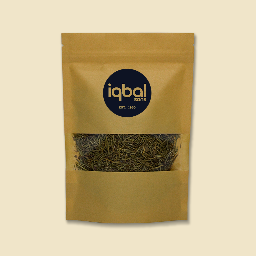 Kraft paper packaging with 'iqbal sons' logo containing dried Rosemary Leaves on a beige background