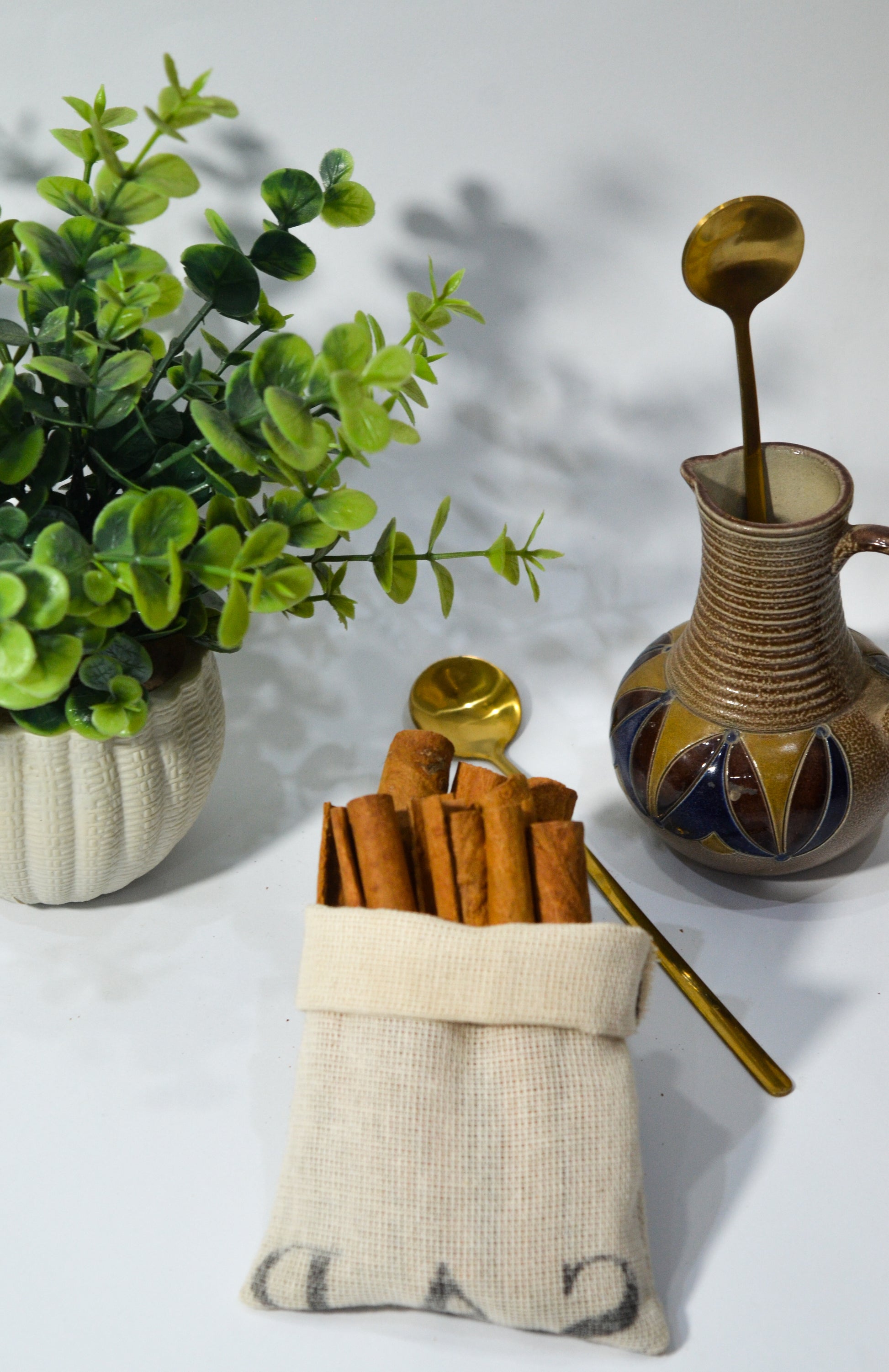 Small bag of cinnamon sticks with a decorative vase and plant on a light background